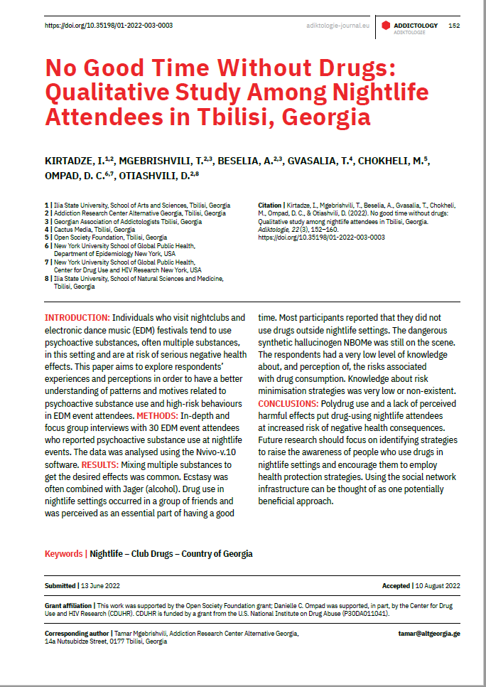 No Good Time Without Drugs: Qualitative Study Among Nightlife Attendees in Tbilisi, Georgia